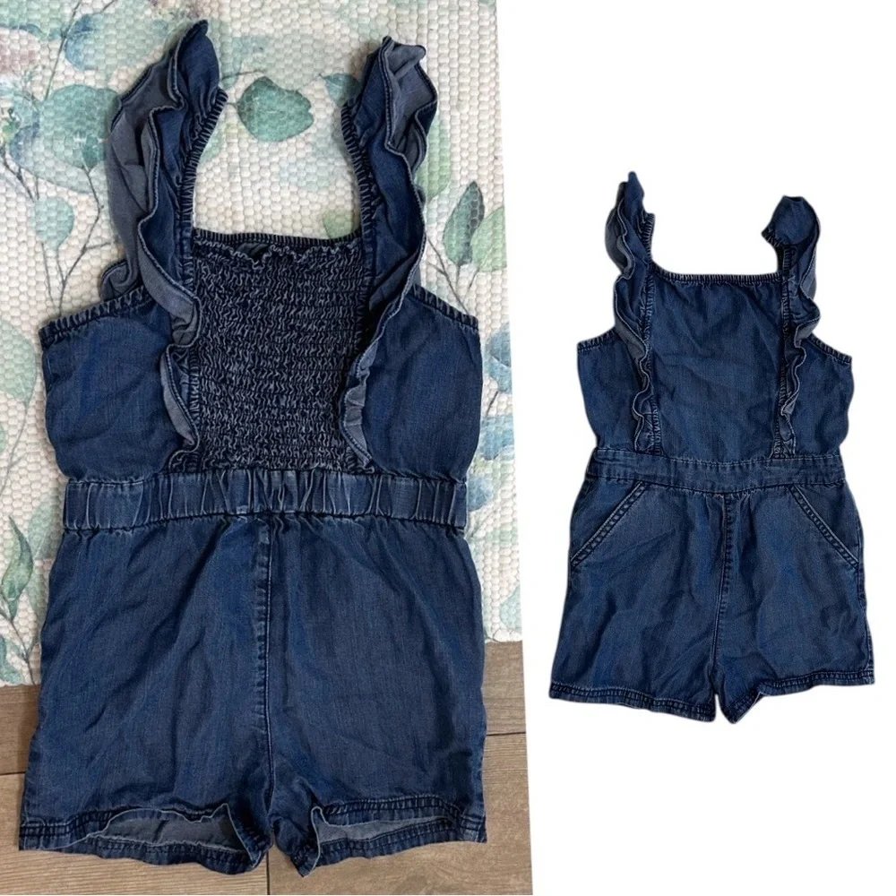 Vintage OshKosh B'gosh Toddler Girl Blue Denim Sleeveless Ruffle Smocked Romper